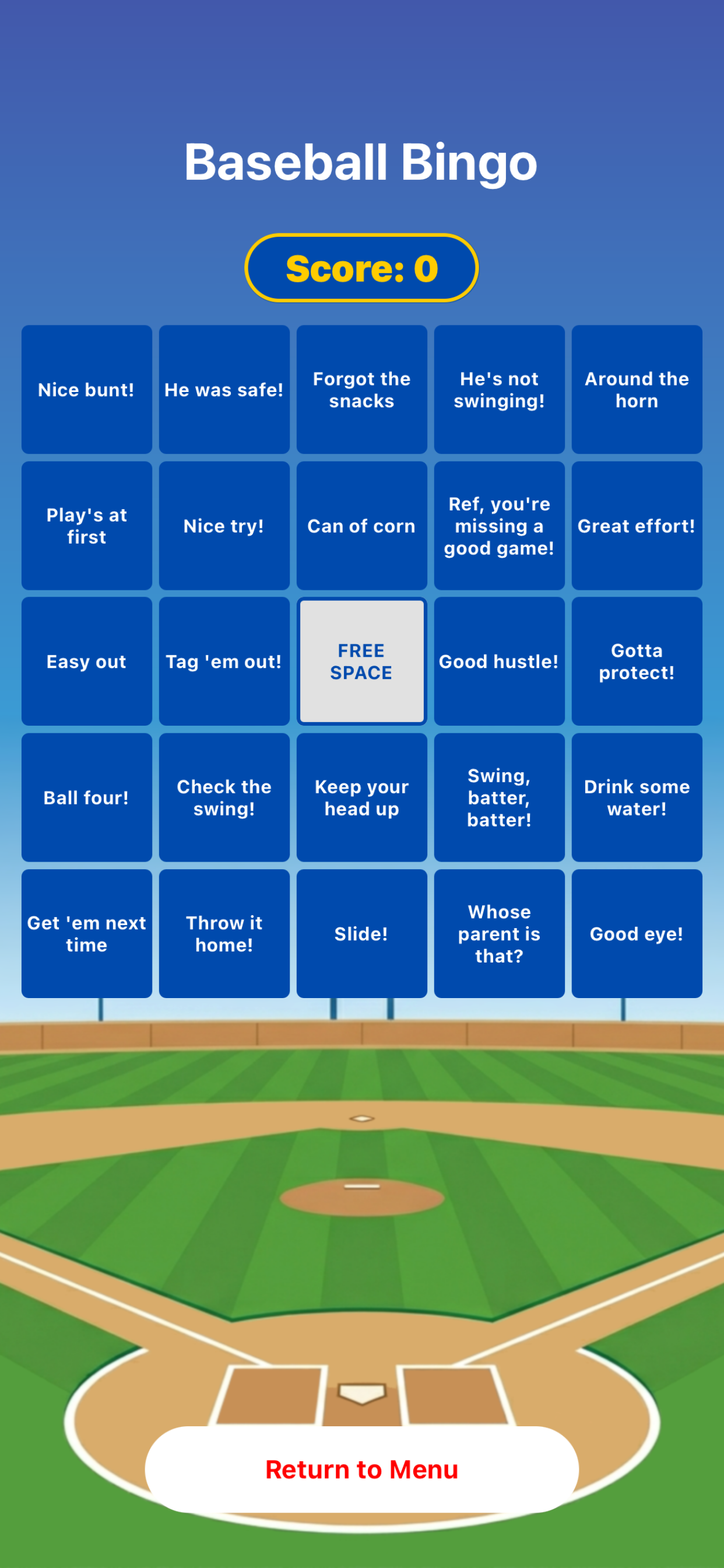 Baseball Bingo card screen