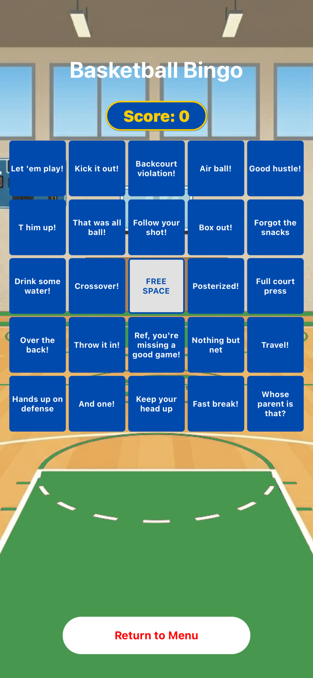 Basketball Bingo card screen