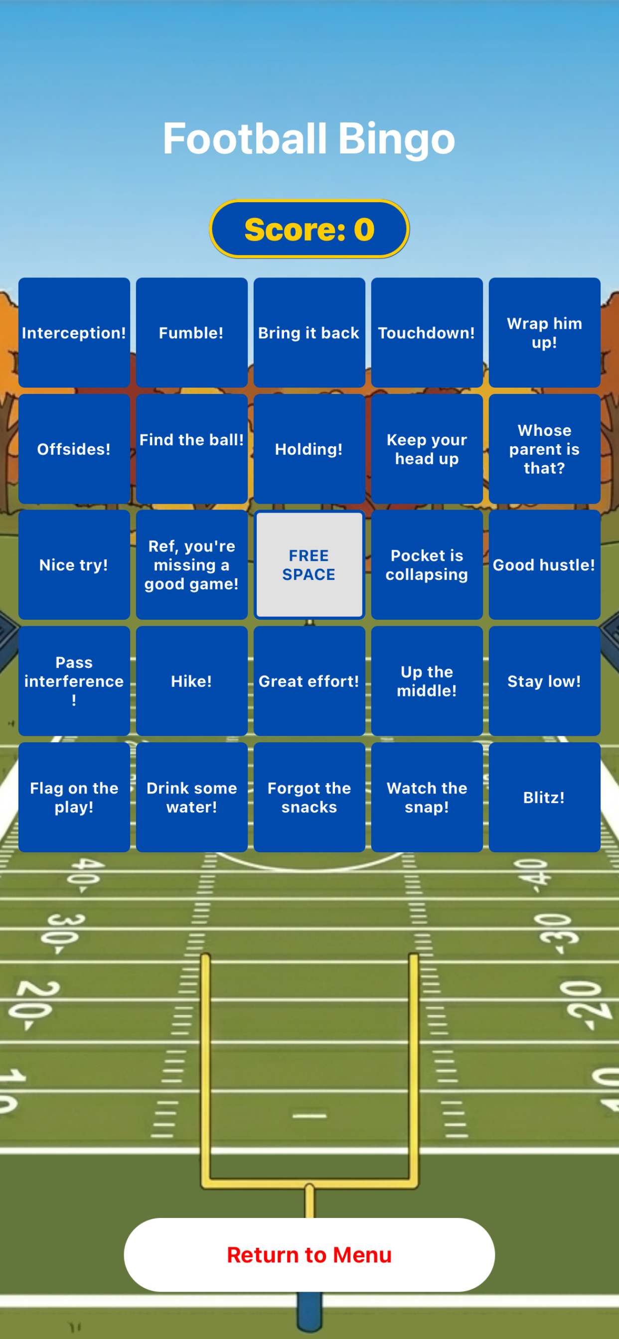 Football Bingo card screen