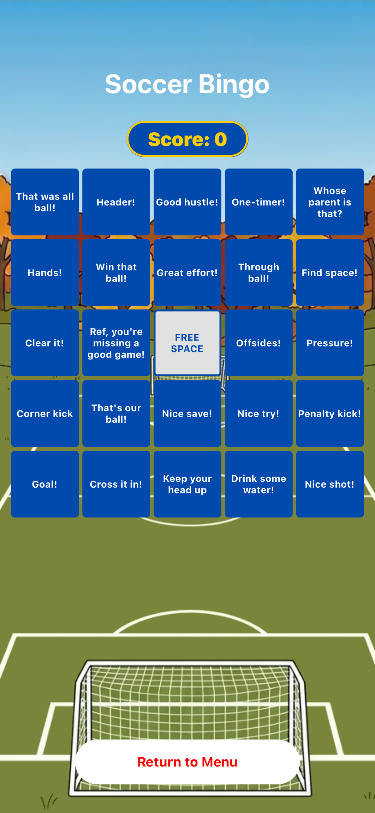 Soccer Bingo card screen